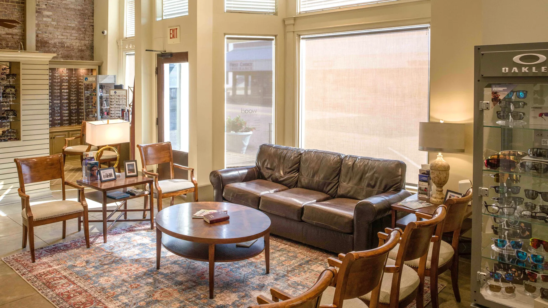 The warm, light-filled optical lounge at Wood Eye Clinic